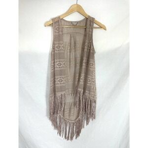 Crochet Vest Womens Small S Beige Tan Hippie Retro Fringe Festival Shawl